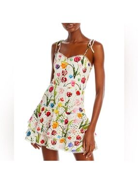 Alice + Olivia White Mini Dress with Multicolor Floral Embroidery